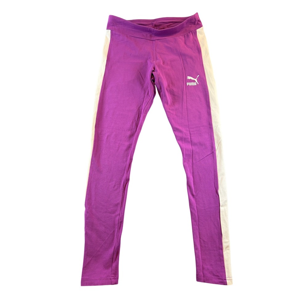 Puma T7 Track Leggings Purple White Side Stripe Womens Small Sporty Athletic